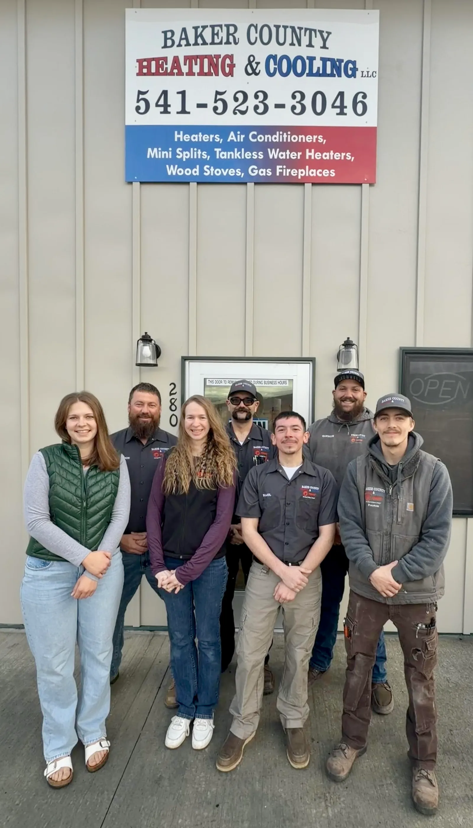 The Baker County Heating & Cooling team in front of their Baker City shop